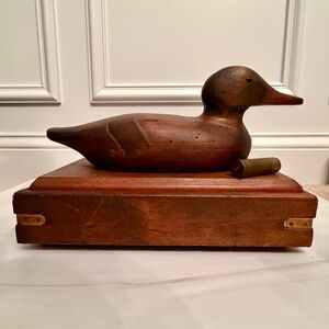 Vintage handcarved solid wood and brass duck decoy box